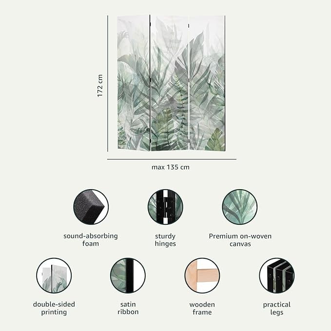 Silver Palm Leaf Folding Room Divider 3 Panel Acoustic Canvas Privacy Screen