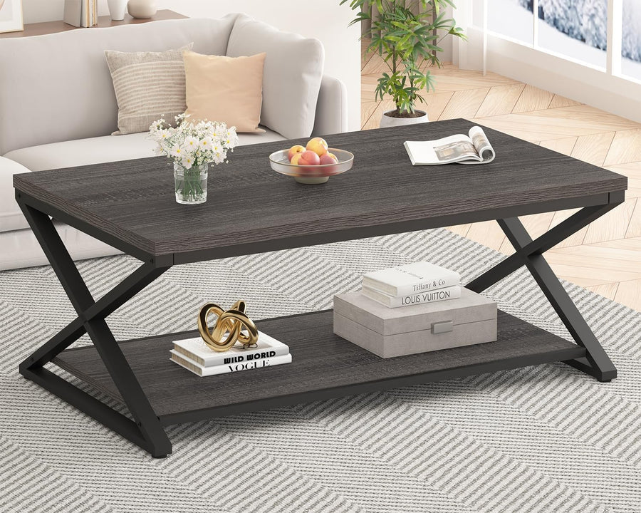 Industrial Grey Coffee Table with Storage Shelf – Modern 47" Metal Wood Design
