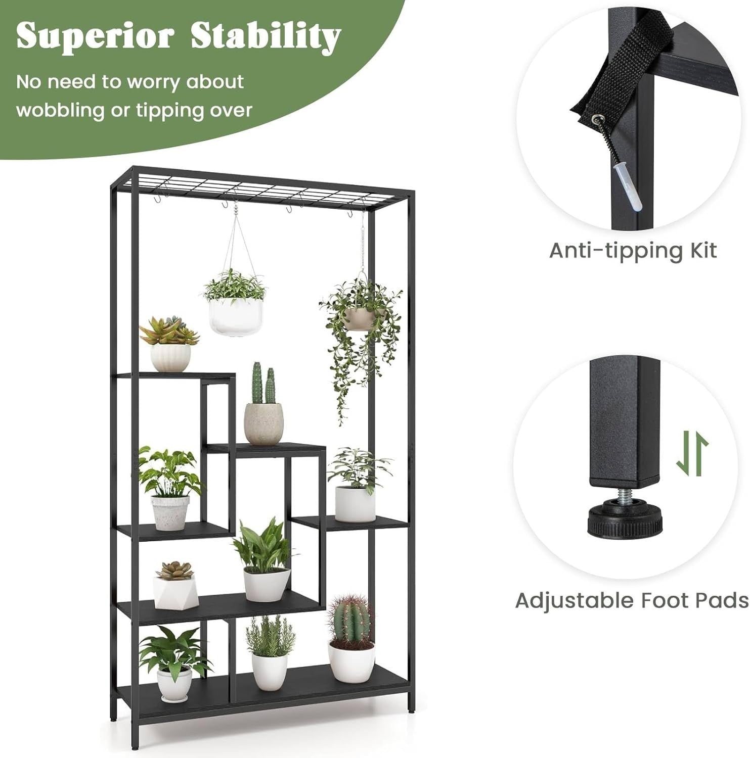 6 Tier Metal Plant Stand Tall Indoor Flower Shelf with Hooks for Balcony Living