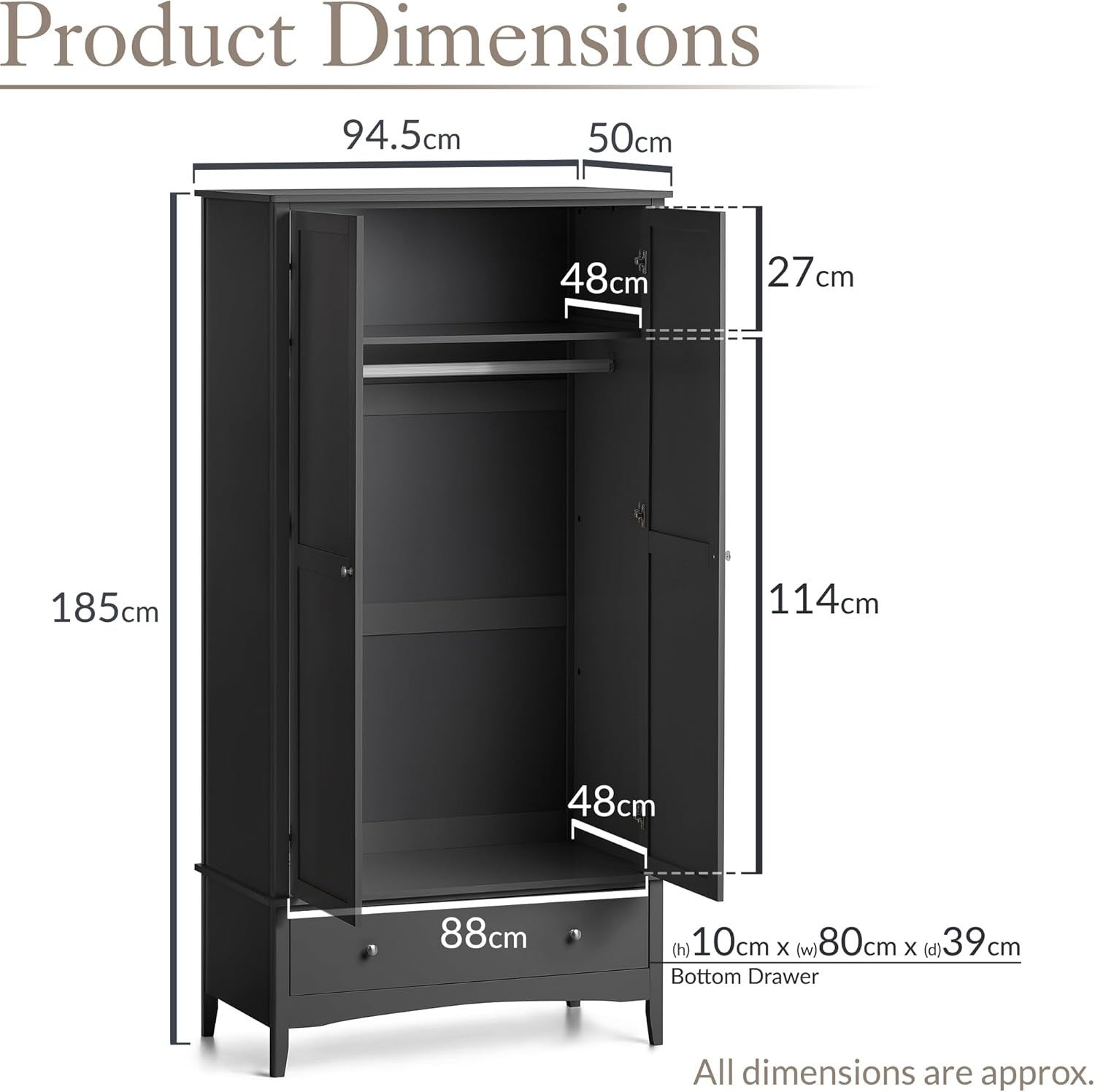 Black Double Wardrobe with Drawer | Soft Close Doors | Clothes Rail Storage