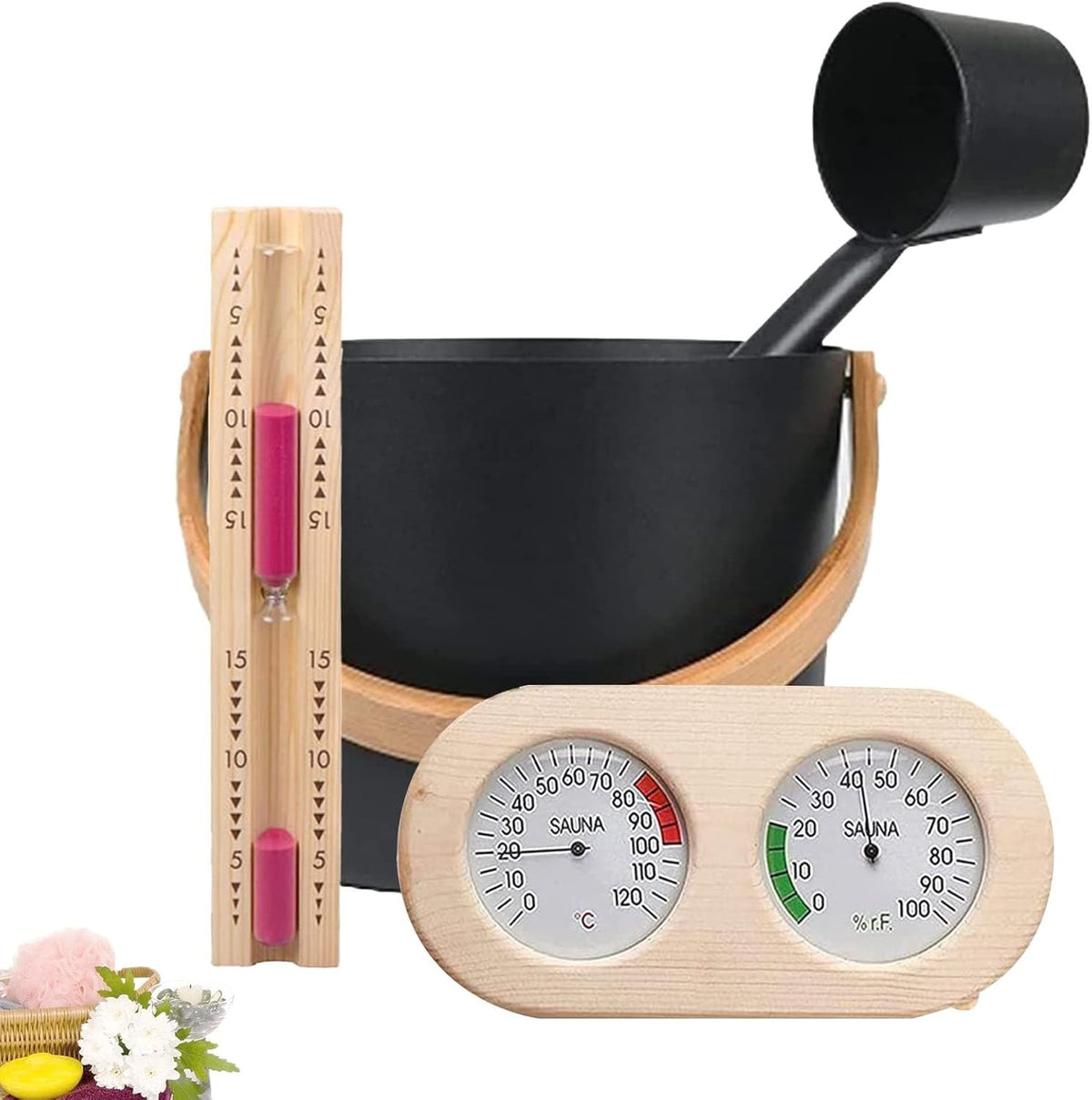 7L Sauna Bucket Set 4-Piece – Finnish Pine Wood w/ Ladle, Timer & Thermometer