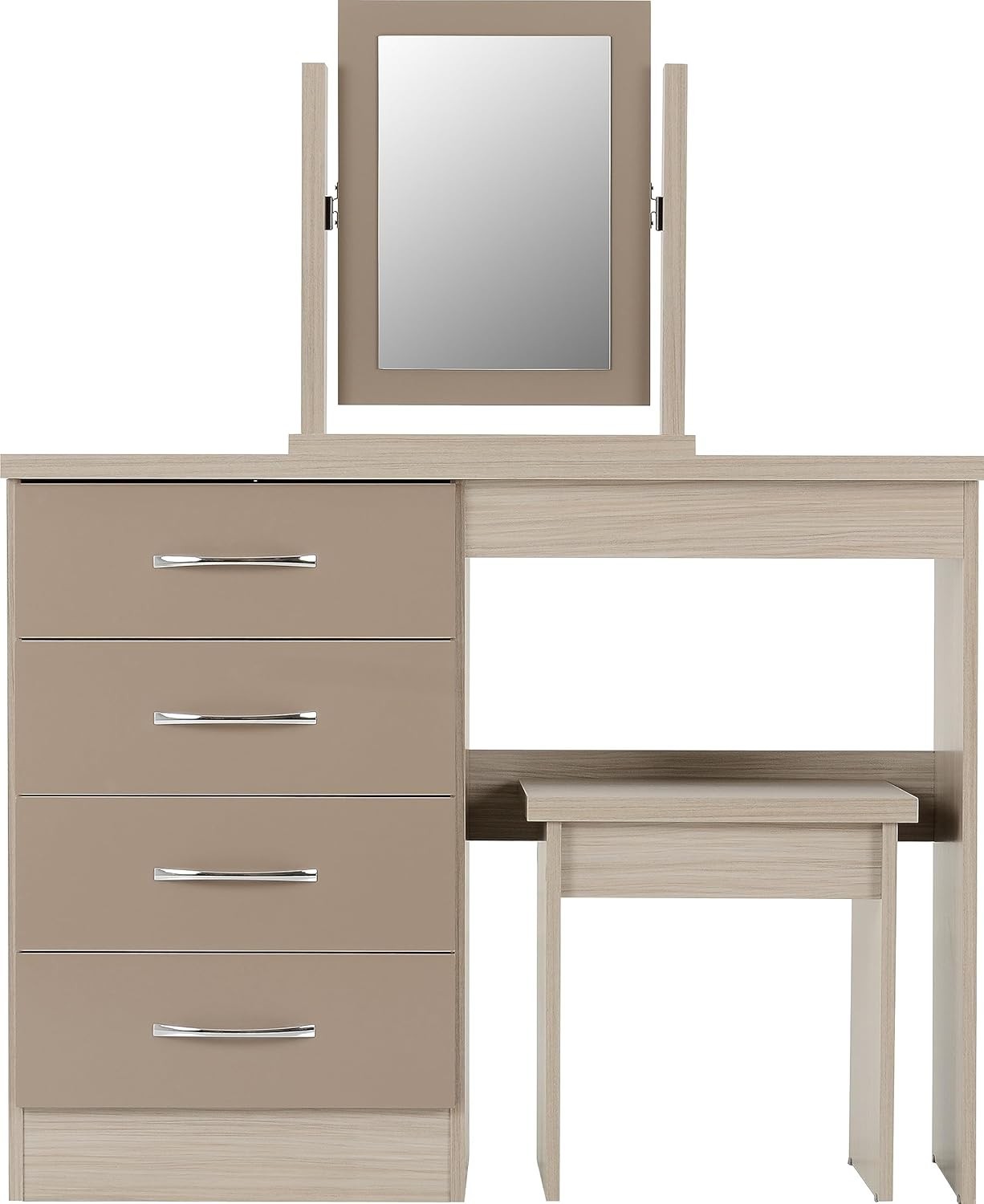 Modern Dressing Table Set Glass Top 4 Drawer Stool Mirror Light Oak Veneer