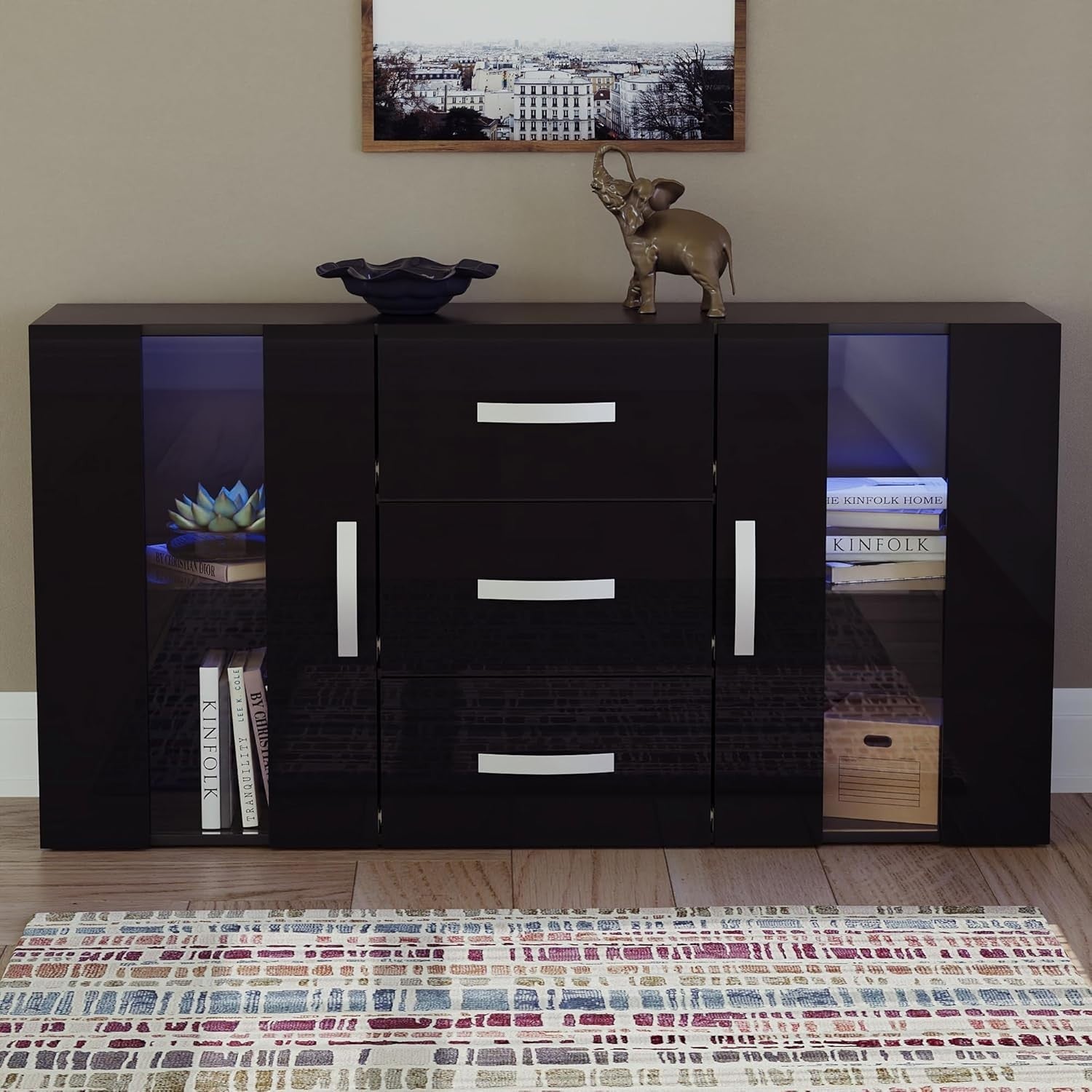 Black LED Sideboard Cabinet RGB Lights 3 Drawers 2 Doors Modern Unit