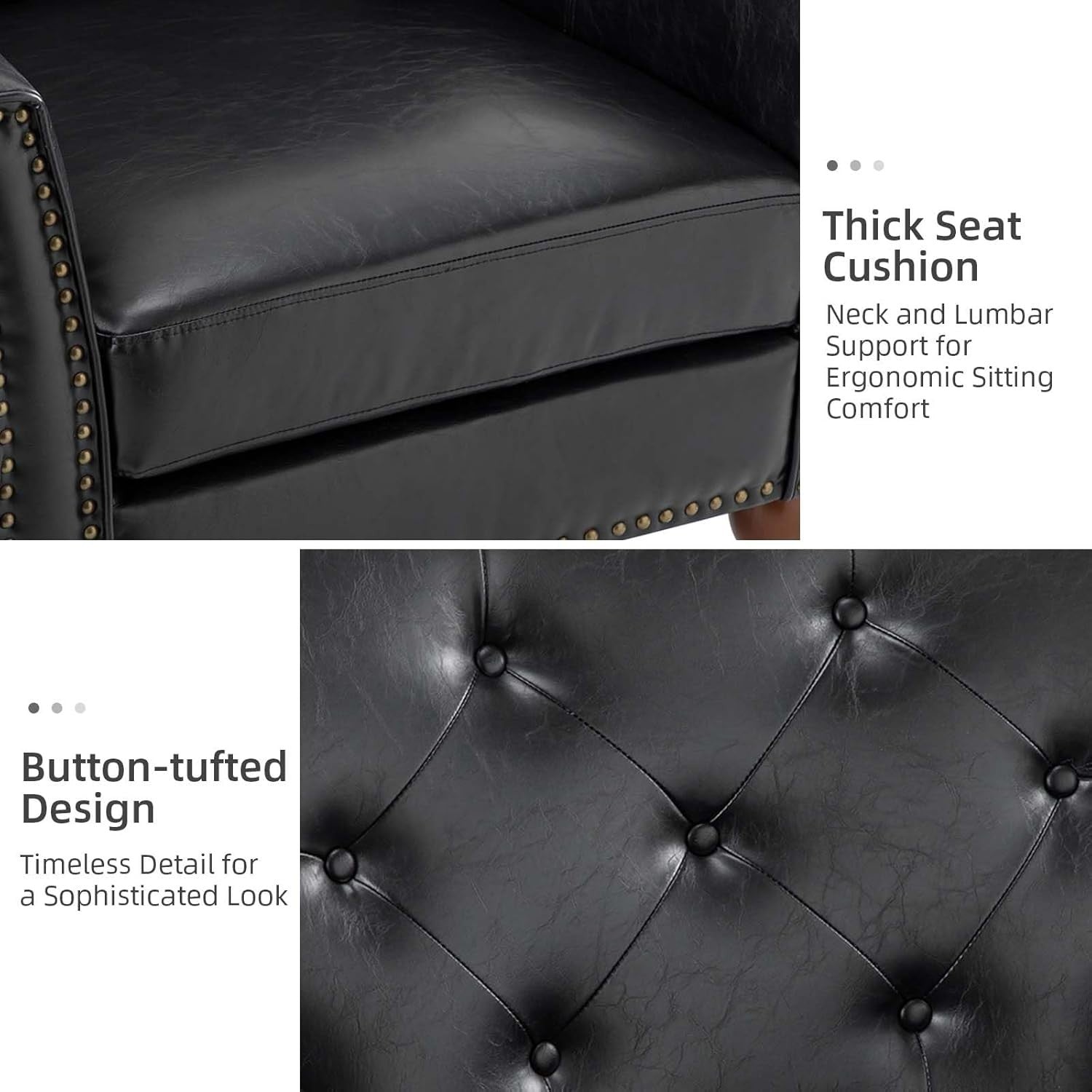 2x Black Faux Leather Tufted Armchairs Nailhead Accent Lounge Chairs Set