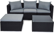 5-Piece Black Rattan Garden Corner Sofa Set with Cushions & Glass Table