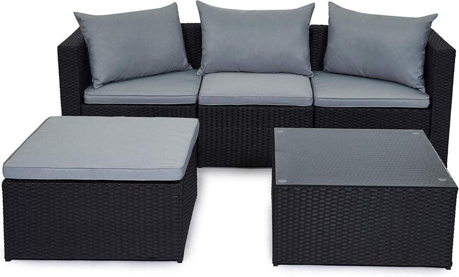 5-Piece Black Rattan Garden Corner Sofa Set with Cushions & Glass Table