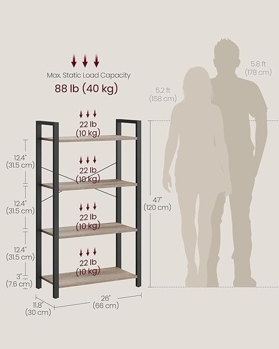 4-Tier Industrial Bookshelf Rustic Greige Metal Wood Storage Shelving Unit