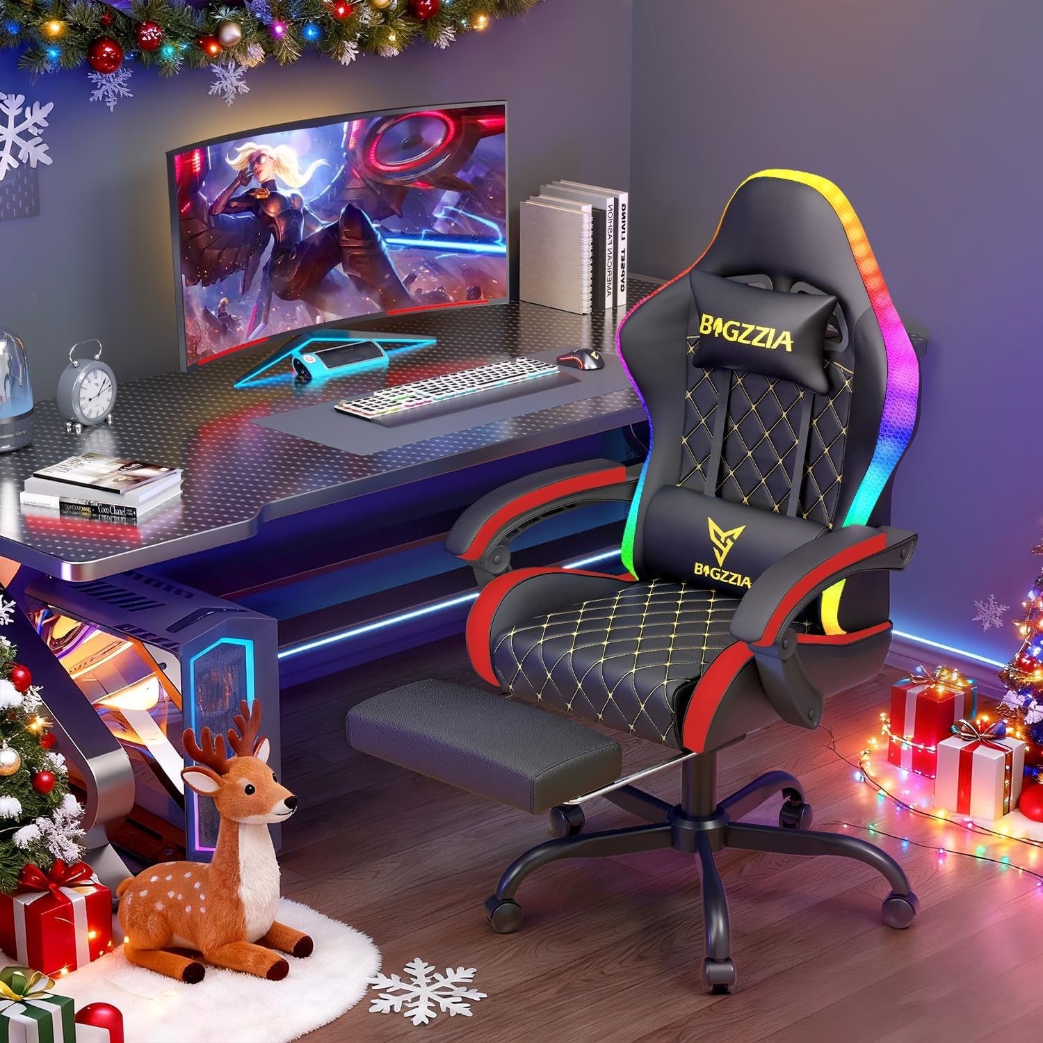 Gaming Chair LED Lights Recliner Footrest Ergonomic Back