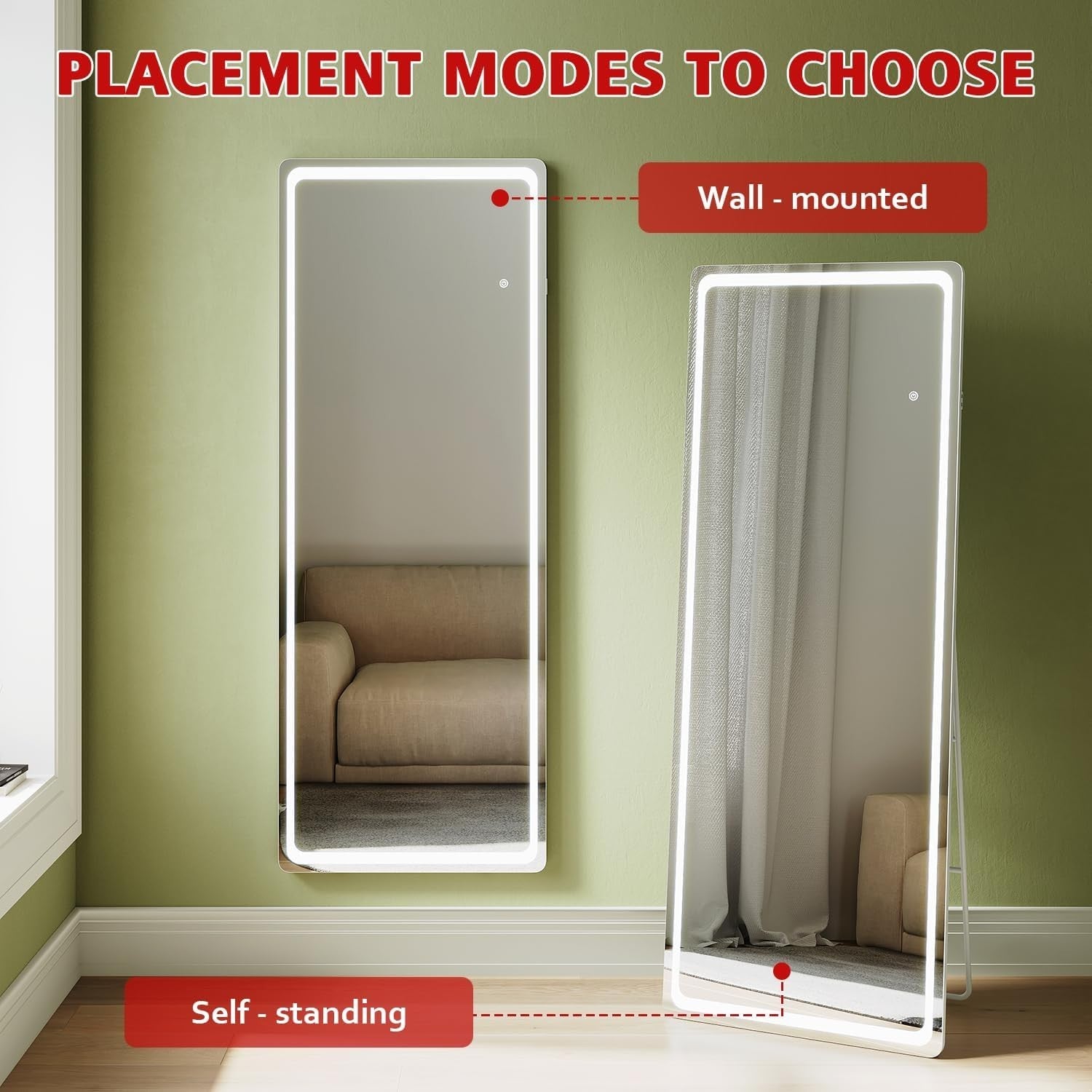 Full Length Mirror with LED Lights 160x60cm – Dimmable & Wall/Floor Mount