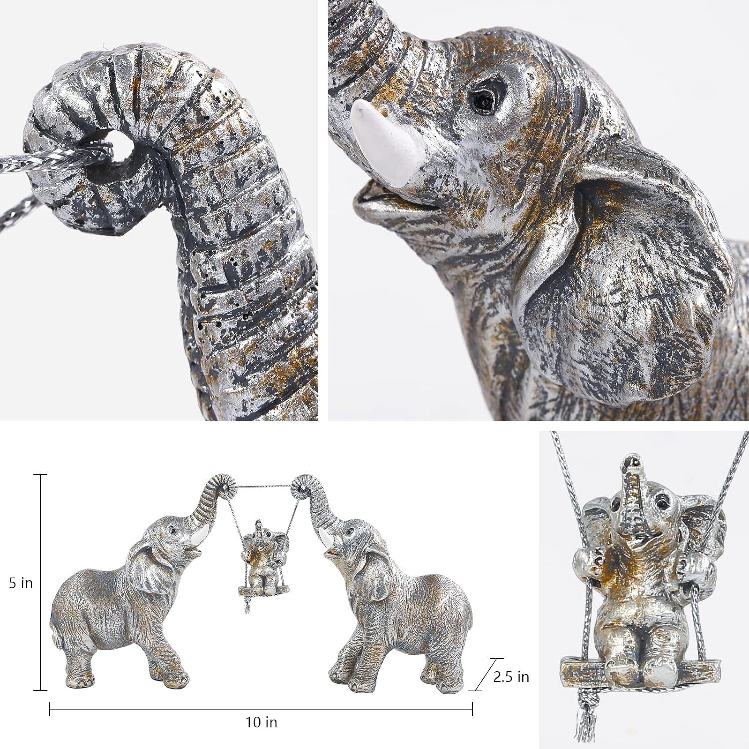 Silver Elephant Figurine Set Good Luck Home Decor Resin Centerpiece Gift