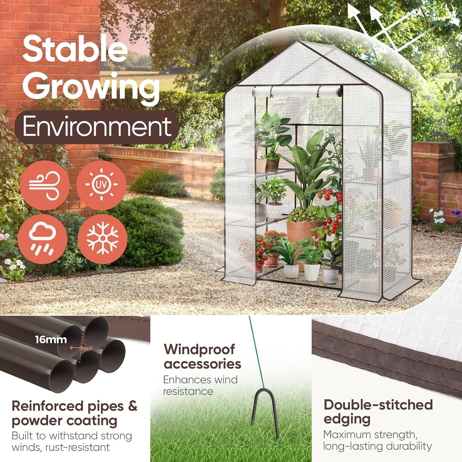 Walk-In Greenhouse with Shelves | Waterproof PE Cover | Reinforced Metal Frame