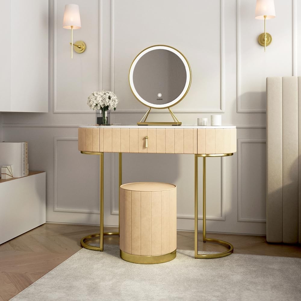 Luxury Cream Dressing Table Vanity Set LED Mirror Stool Gold Marble Effect
