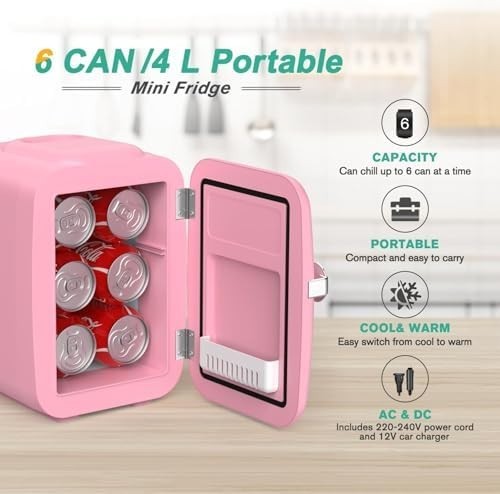 Portable Mini Fridge 4L Cooler & Warmer for Bedroom Office Car Pink