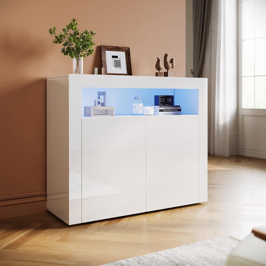 Modern White LED Sideboard High Gloss 2 Door Display Cabinet Storage Unit