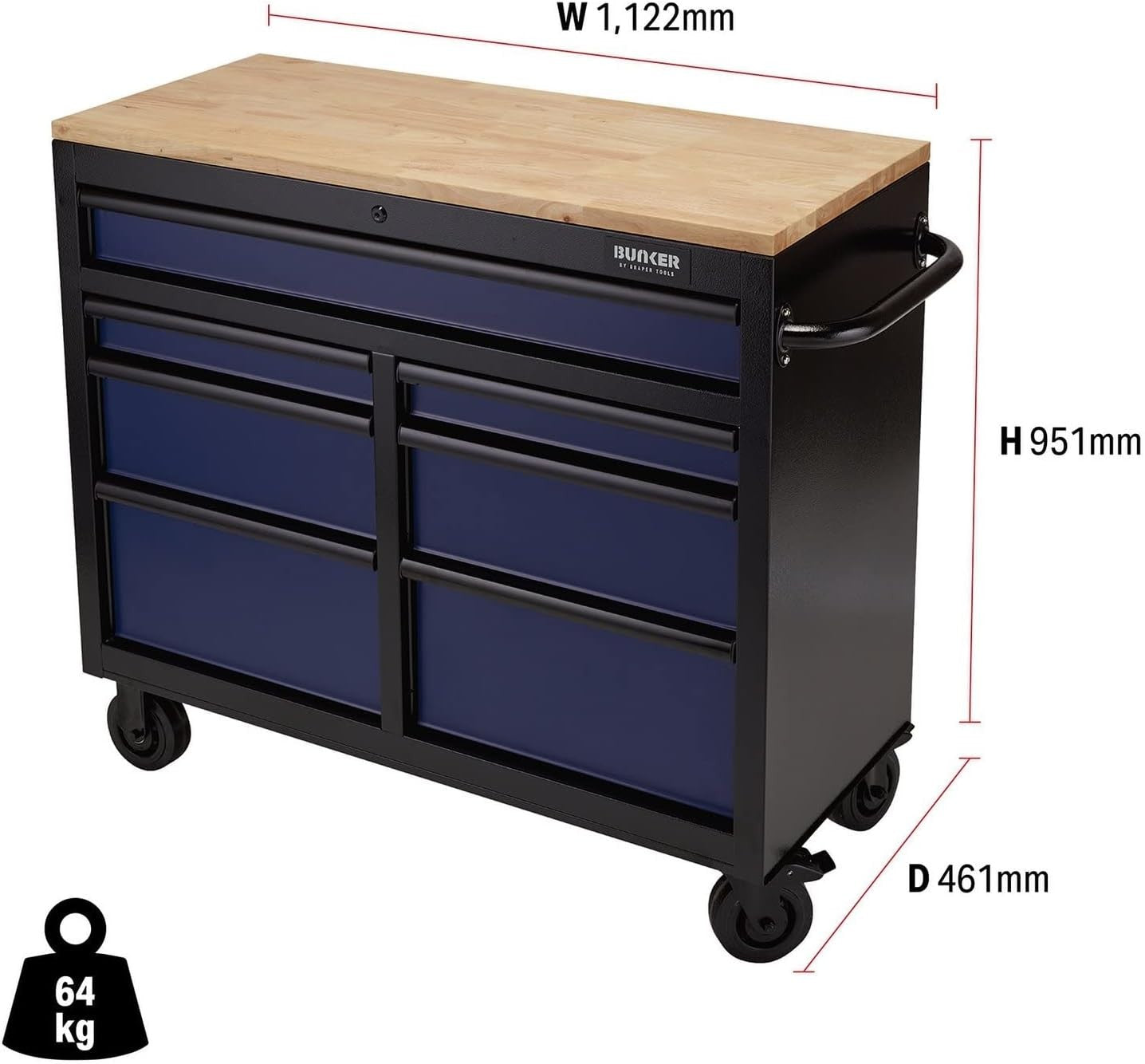 41" Roller Tool Cabinet 7 Drawer Mobile Workbench Hardwood Top Blue