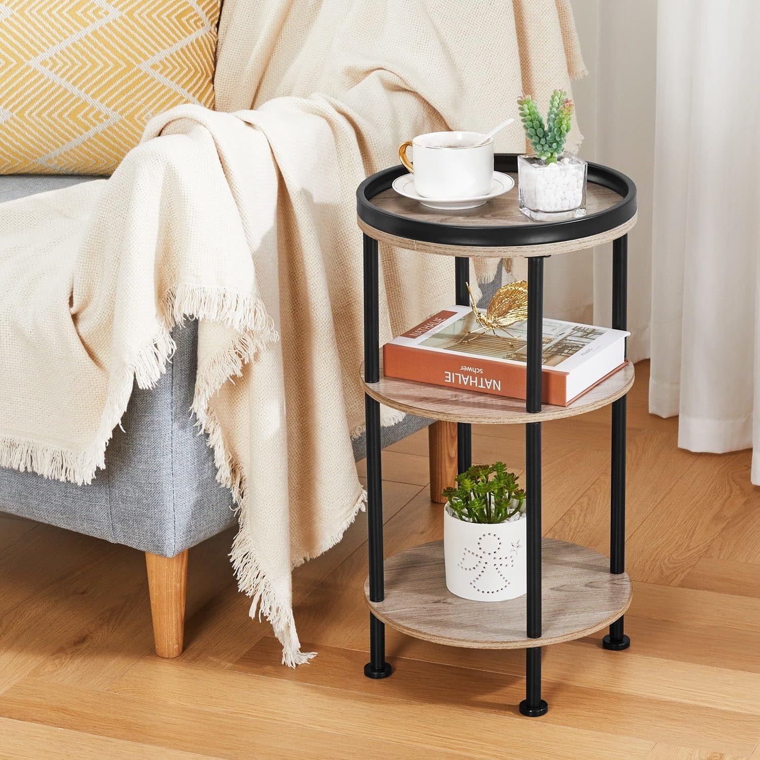 3 Tier Round Side Table with Storage Shelf Metal Frame Small Space Oak 30x55