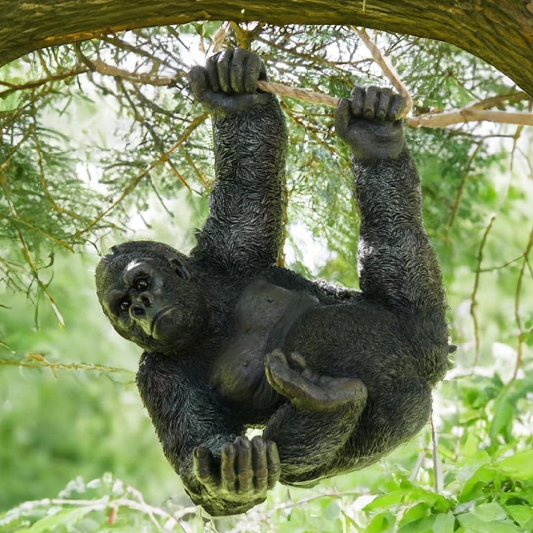 Hanging Gorilla Garden Ornament | Large Resin Outdoor Statue Tree Swing Decor