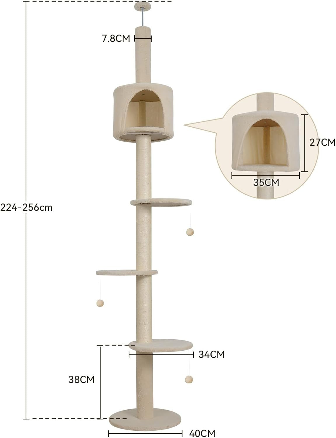 Floor to Ceiling Cat Tree 260cm Tall Adjustable Tower Scratching Post Condo
