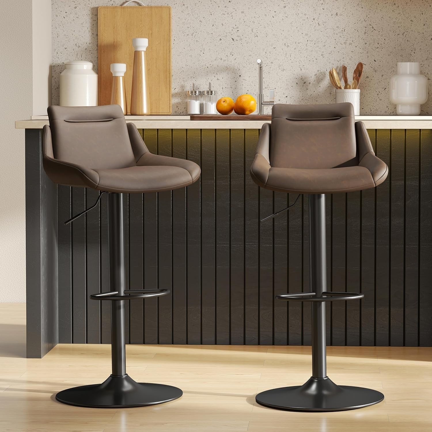 Brown PU Leather Bar Stools Set of 2 – Adjustable Rotating Chairs