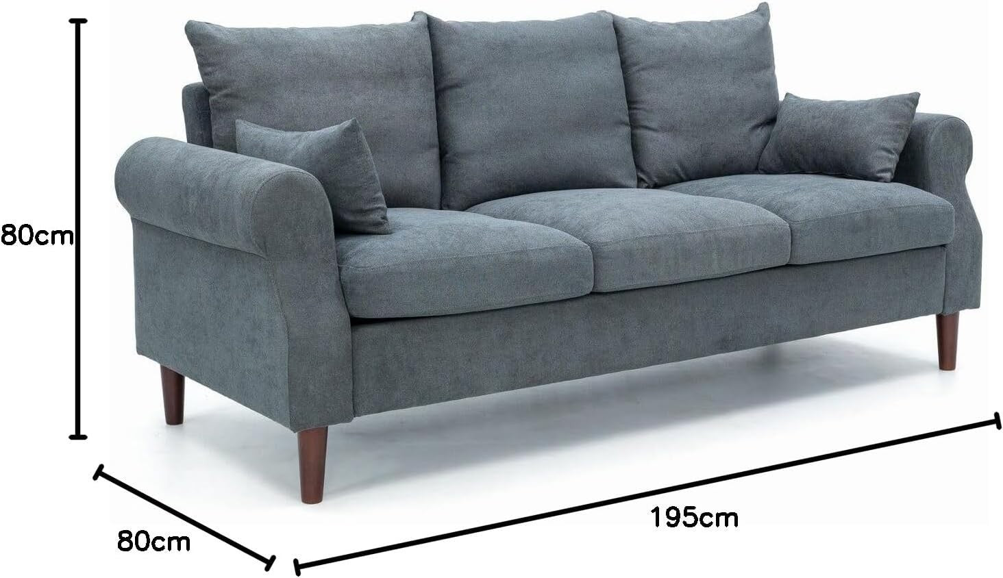 3 Seater Grey Linen Sofa Couch | Modern Fabric Settee Wood Legs