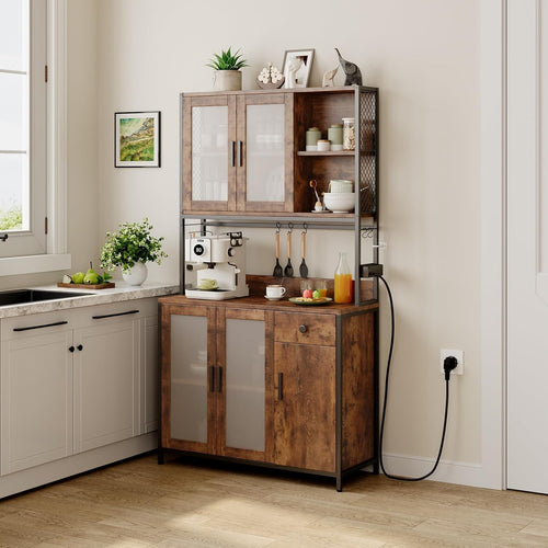 Rustic Brown & Black Tall Kitchen Pantry Cupboard 5 Doors 1 Drawer