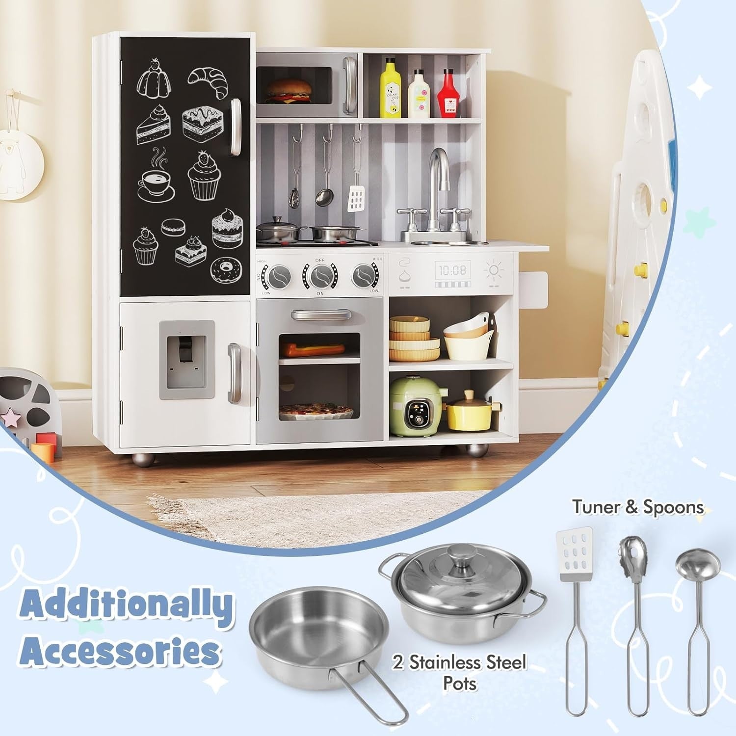 Kids Wooden Play Kitchen Lights Sounds Water Dispenser White Silver