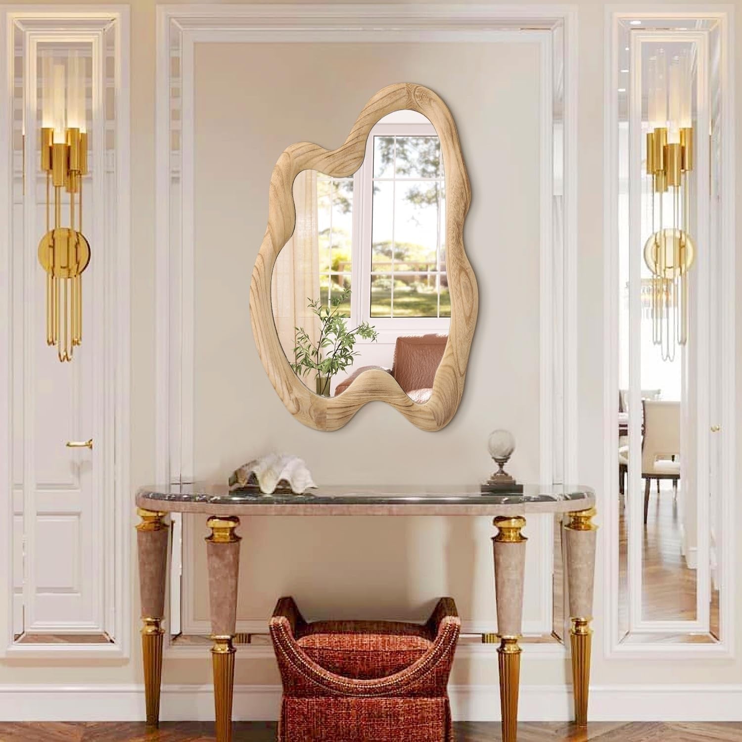 Rustic Irregular Wooden Wall Mirror 70x50cm Decorative & Durable