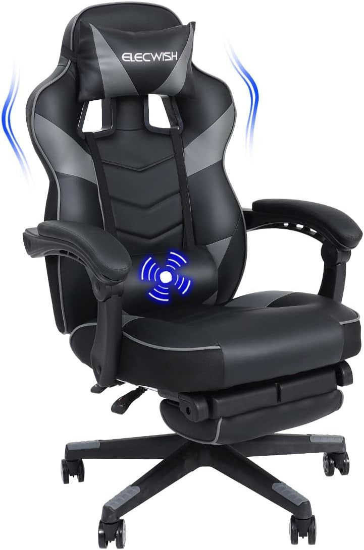 Gaming Chair with Massage & Footrest Reclining Ergonomic Grey