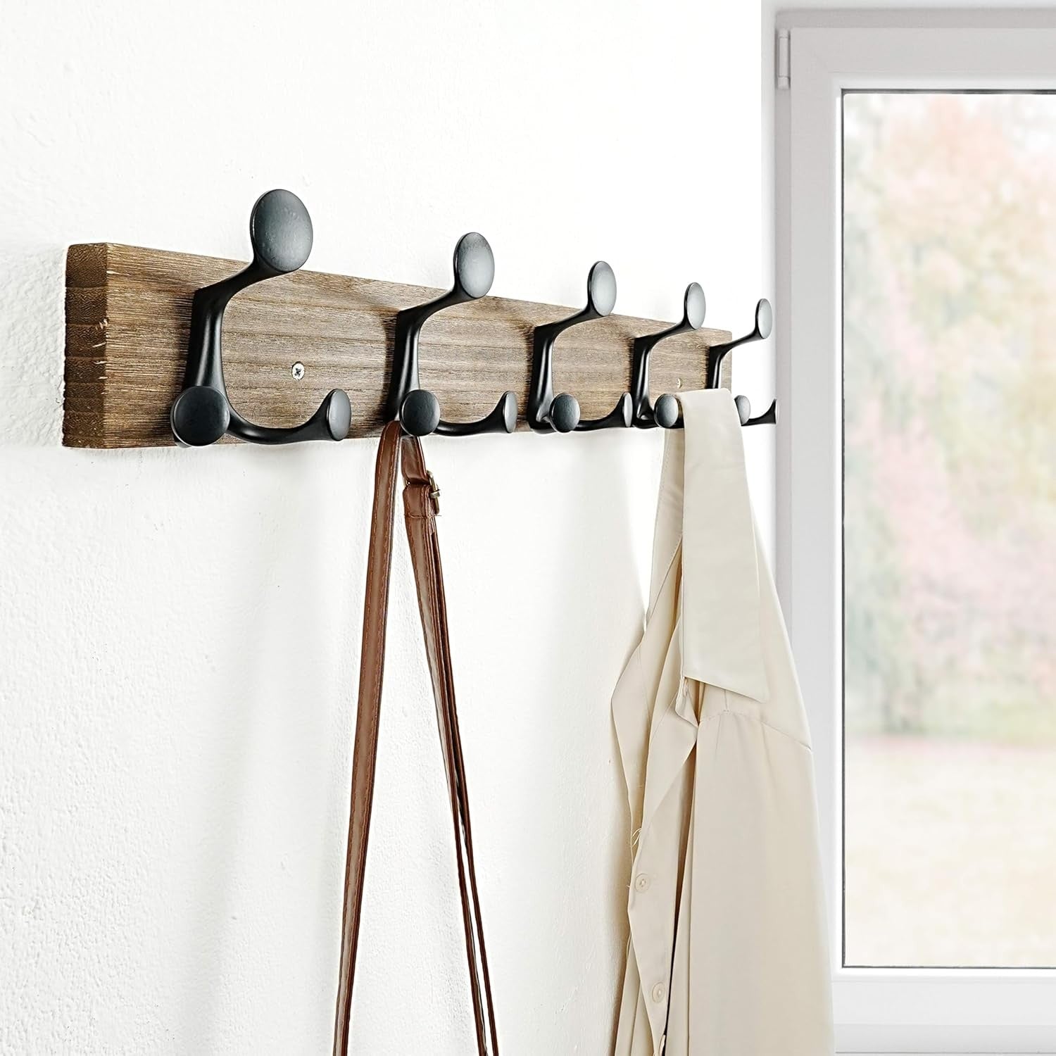 Rustic Burnt Wood Wall Coat Rack 61cm – 5 Triple Hooks Heavy Duty Hanger