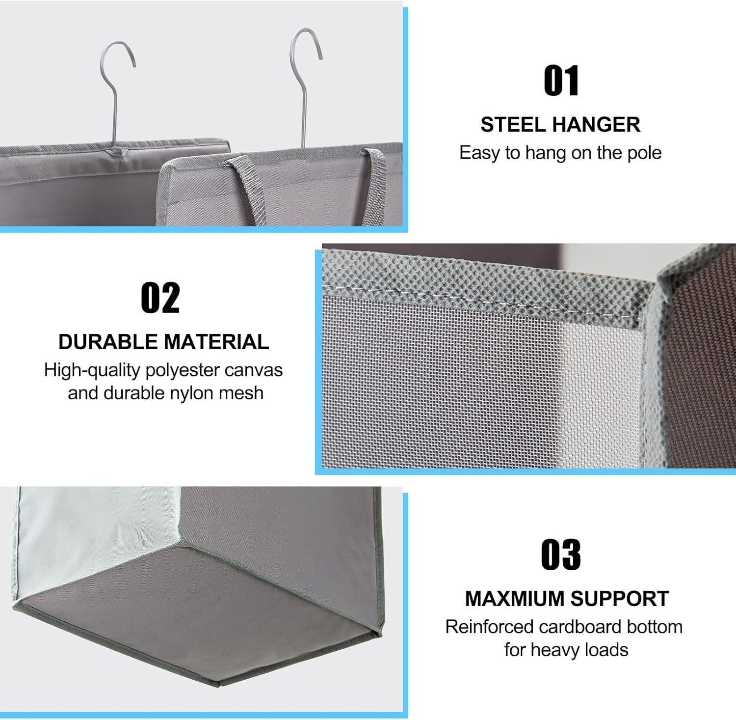 2-Pack Hanging Laundry Hampers Grey | Slim Space-Saving Hamper Bags with Hooks