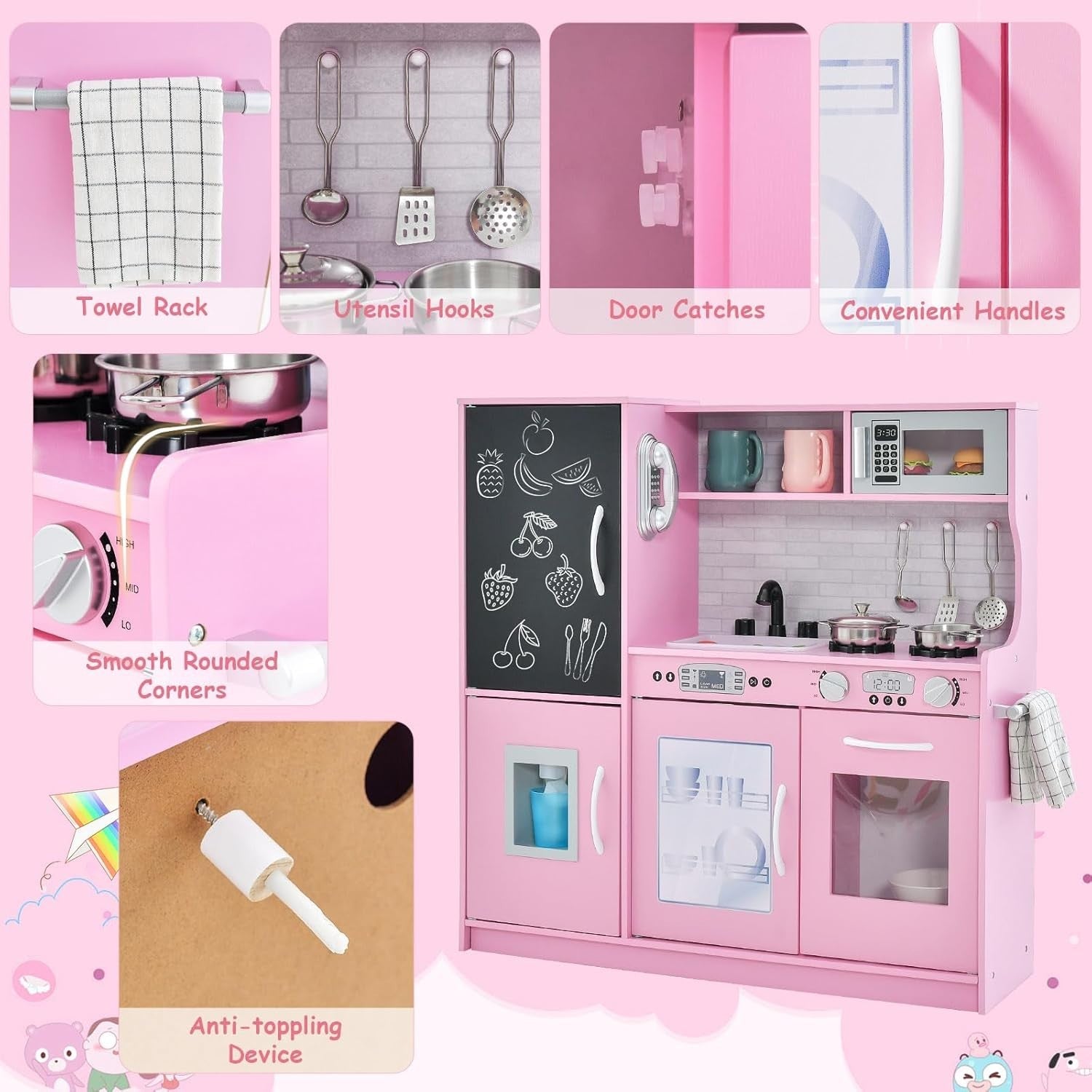 Wooden Kids Play Kitchen Pink w/ Chalkboard Ice Maker Microwave