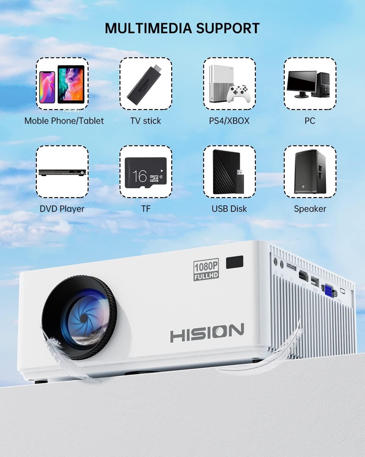 1080P Mini Projector 8000 Lumens 4K Support Outdoor Home Theater