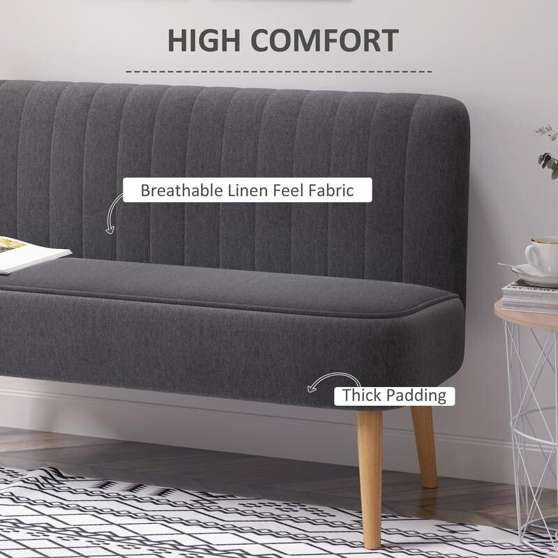 Compact 2 Seater Sofa Dark Grey Linen Padded Seat Wood Legs Small Space