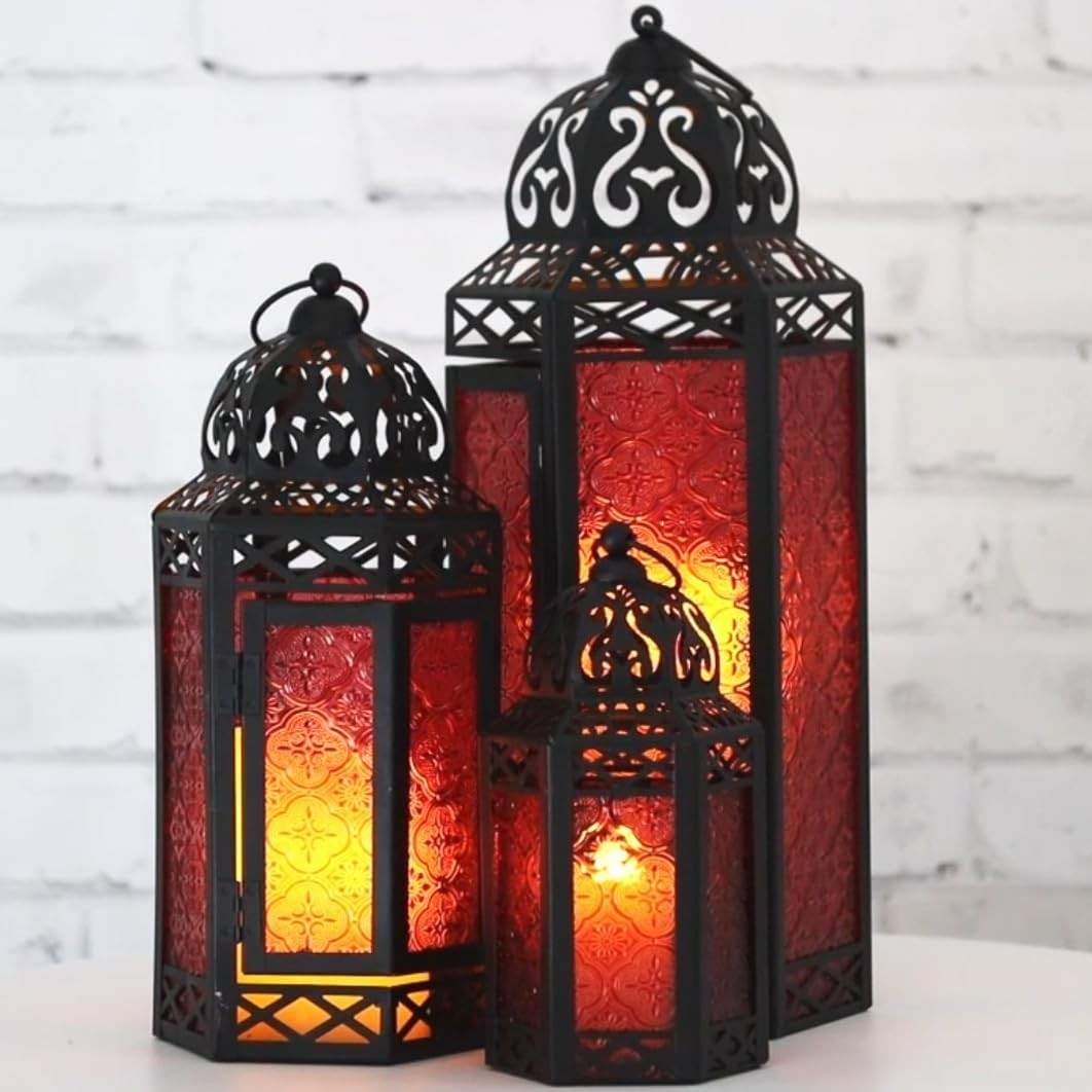 S Set of 3 Red Moroccan Candle Lanterns Home Decor