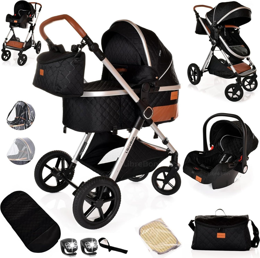 3-in-1 Baby Stroller Travel System Pram Pushchair Foldable Black Silver