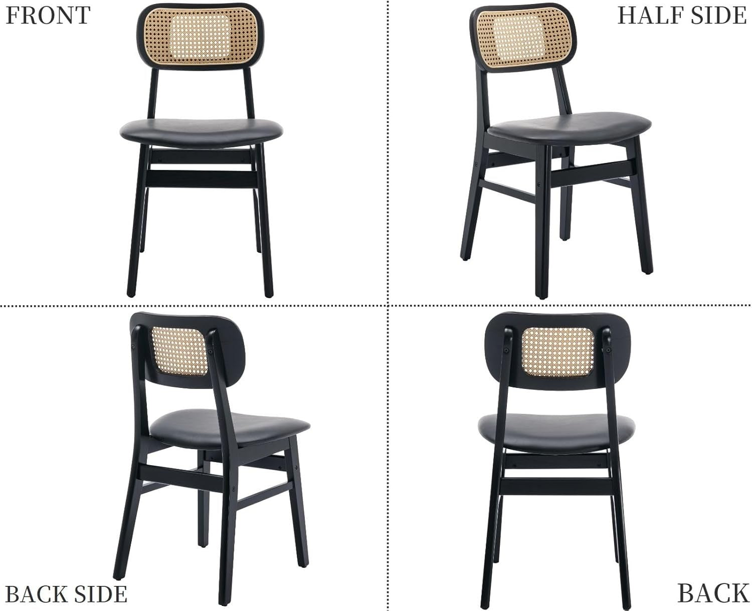 Black Rattan Dining Chairs Set of 2 PU Leather Padded Retro Kitchen Seats