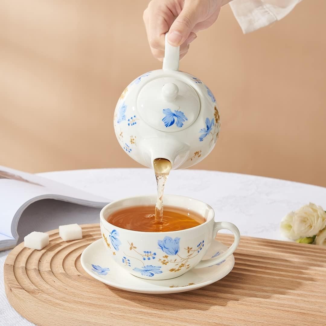 Tea for One Porcelain Teapot Cup Saucer Set Blue Orchid Floral Gift