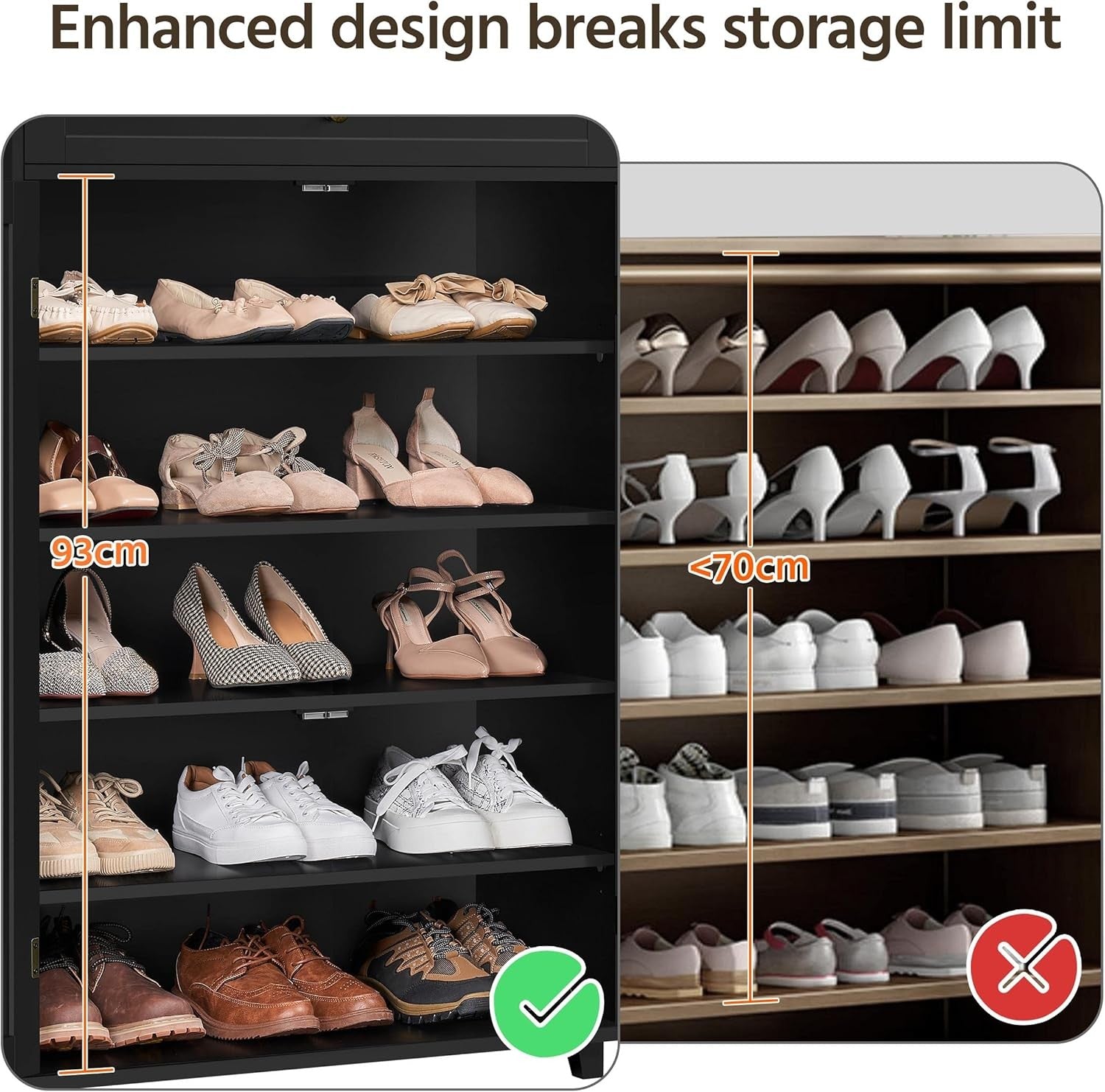 Black 5-Tier Wooden Shoe Cabinet with Drawer & Adjustable Shelves Storage