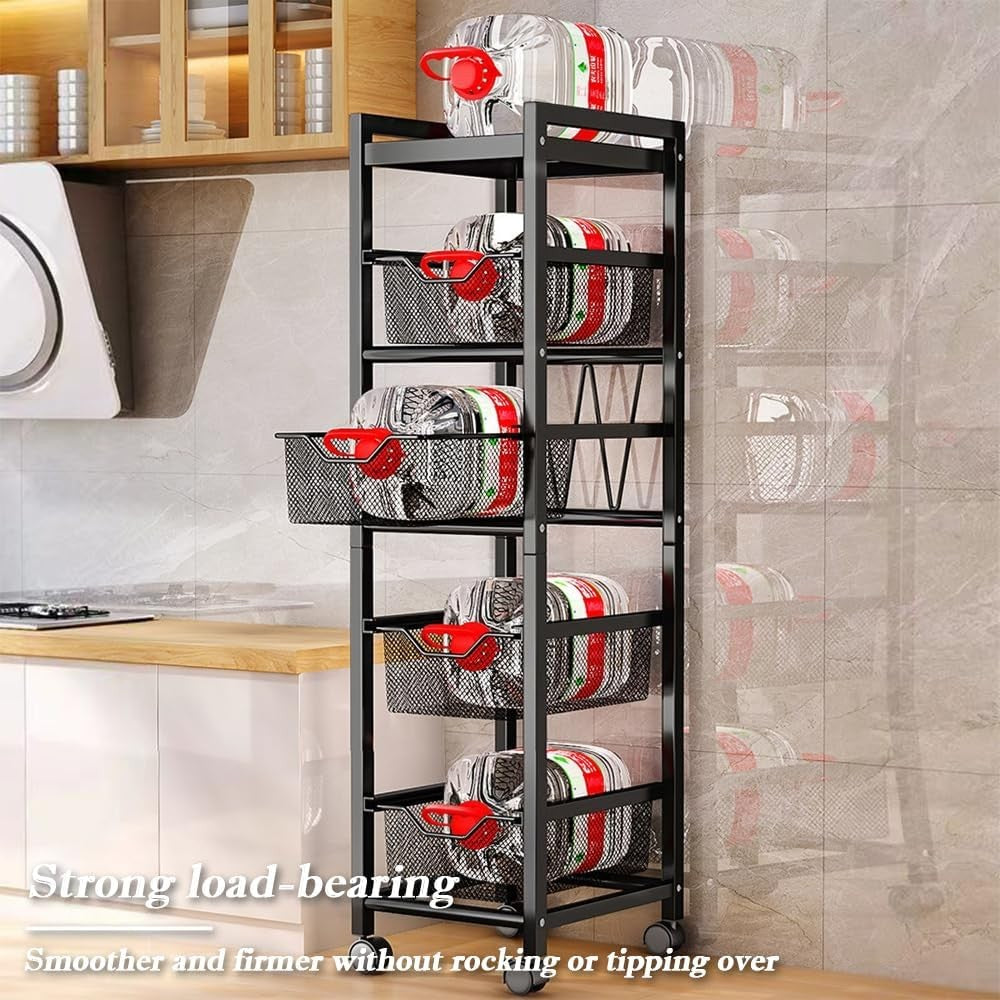 5 Tier Slim Kitchen Storage Trolley on Wheels Narrow Metal Basket Rack