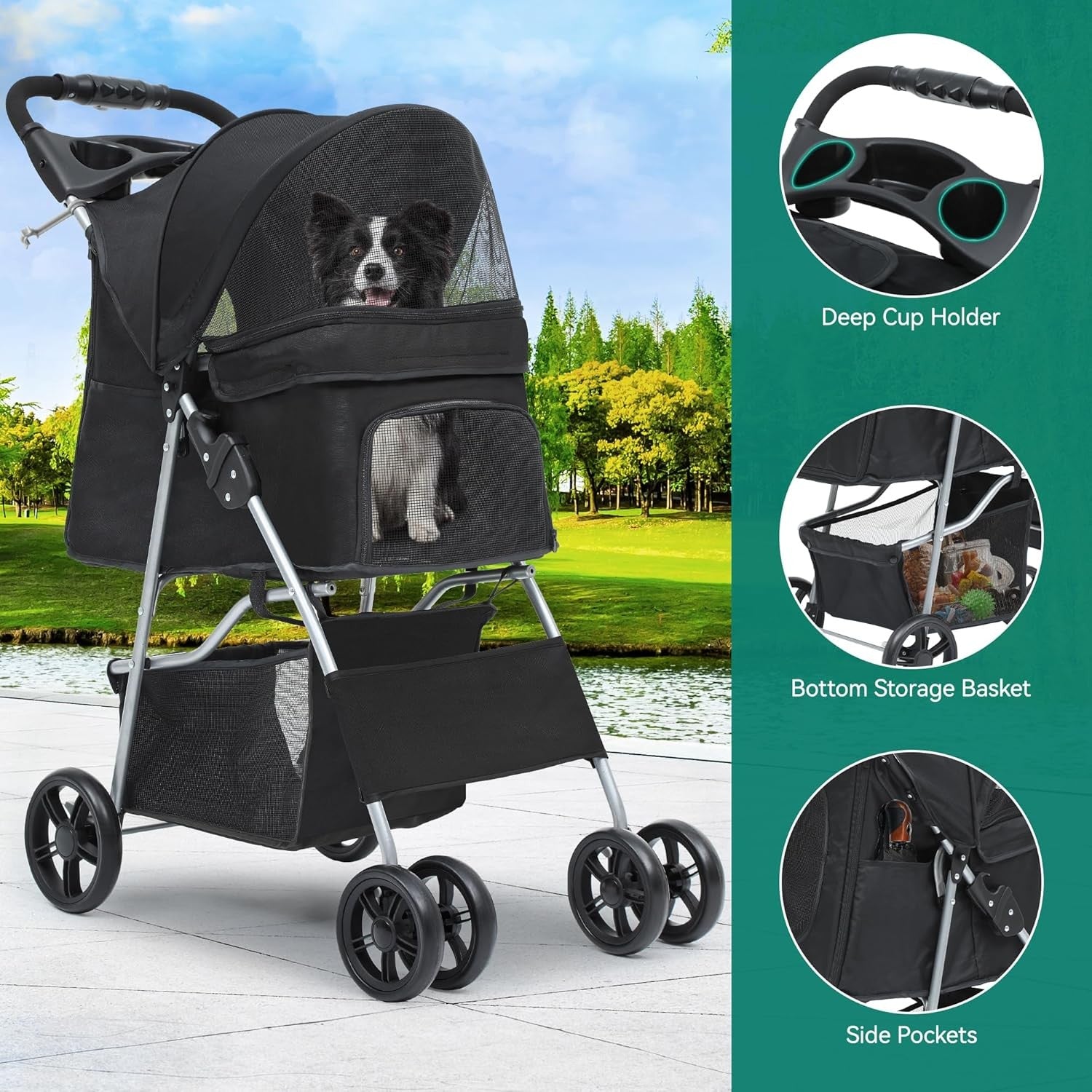 Black 4 Wheel Dog Stroller Folding Pet Pushchair Cup Holder Storage Basket