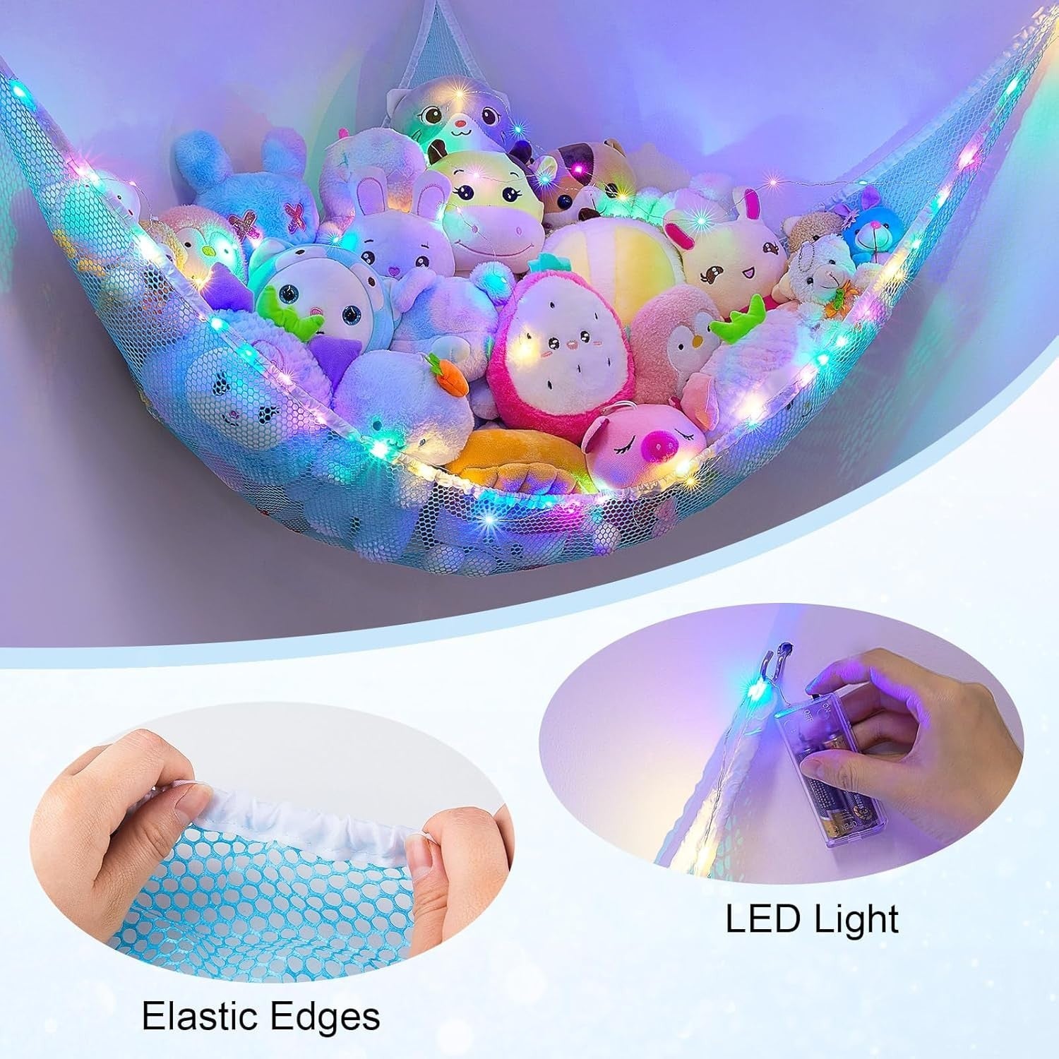Stuffed Animal Toy Hammock with LED Light – Corner Net Storage Organizer