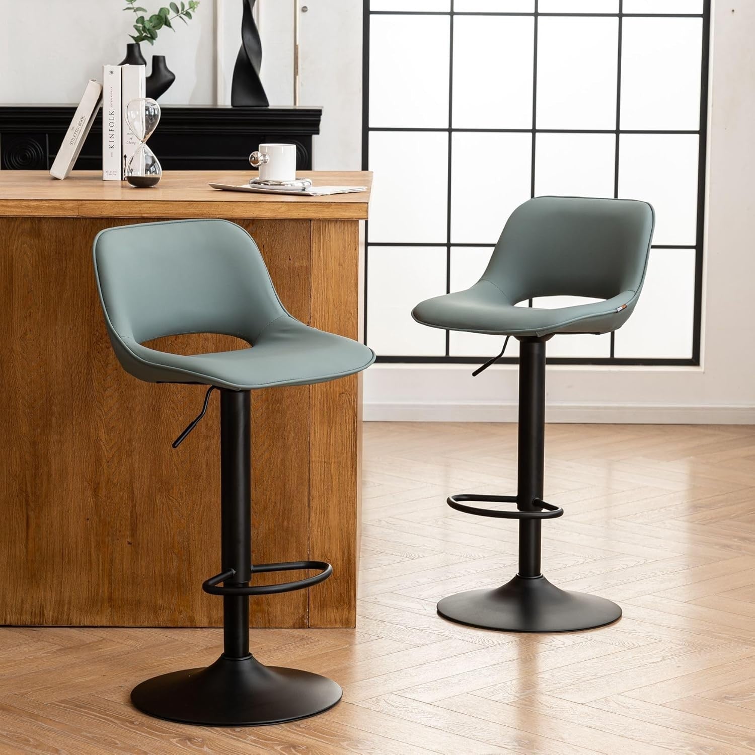 Adjustable Swivel Bar Stools 2pcs Faux Leather Counter Height Greyish Green