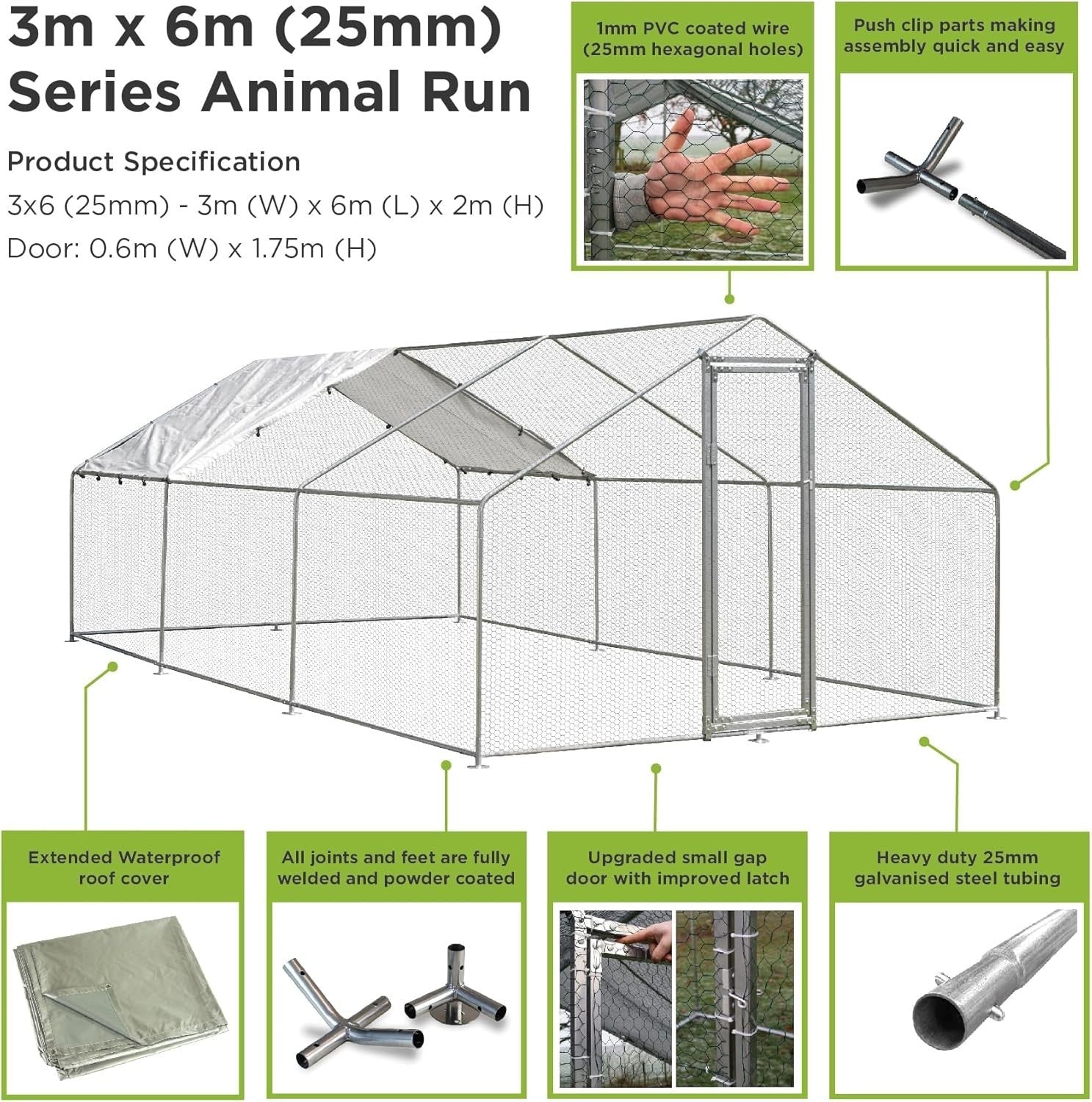 Extra Large Walk In Poultry Run Galvanised Steel Secure Door Roof 3x6m