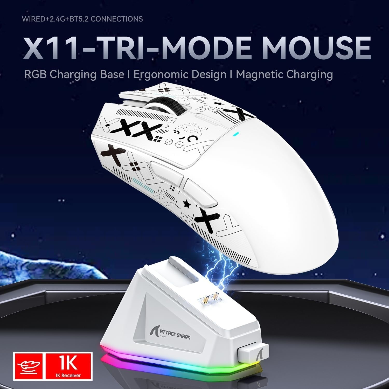 Wireless Gaming Mouse 22000 DPI RGB Dock BT 2.4G USB White Grip