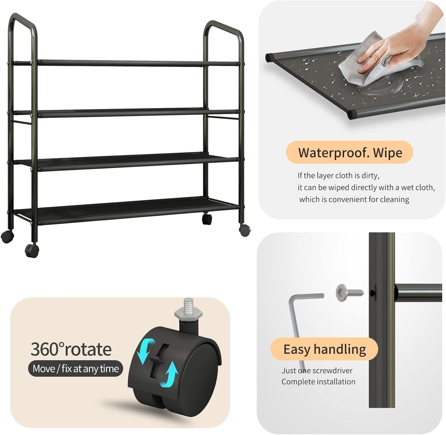 4-Tier Rolling Shoe Rack with Waterproof Fabric Shelves & Locking Wheels
