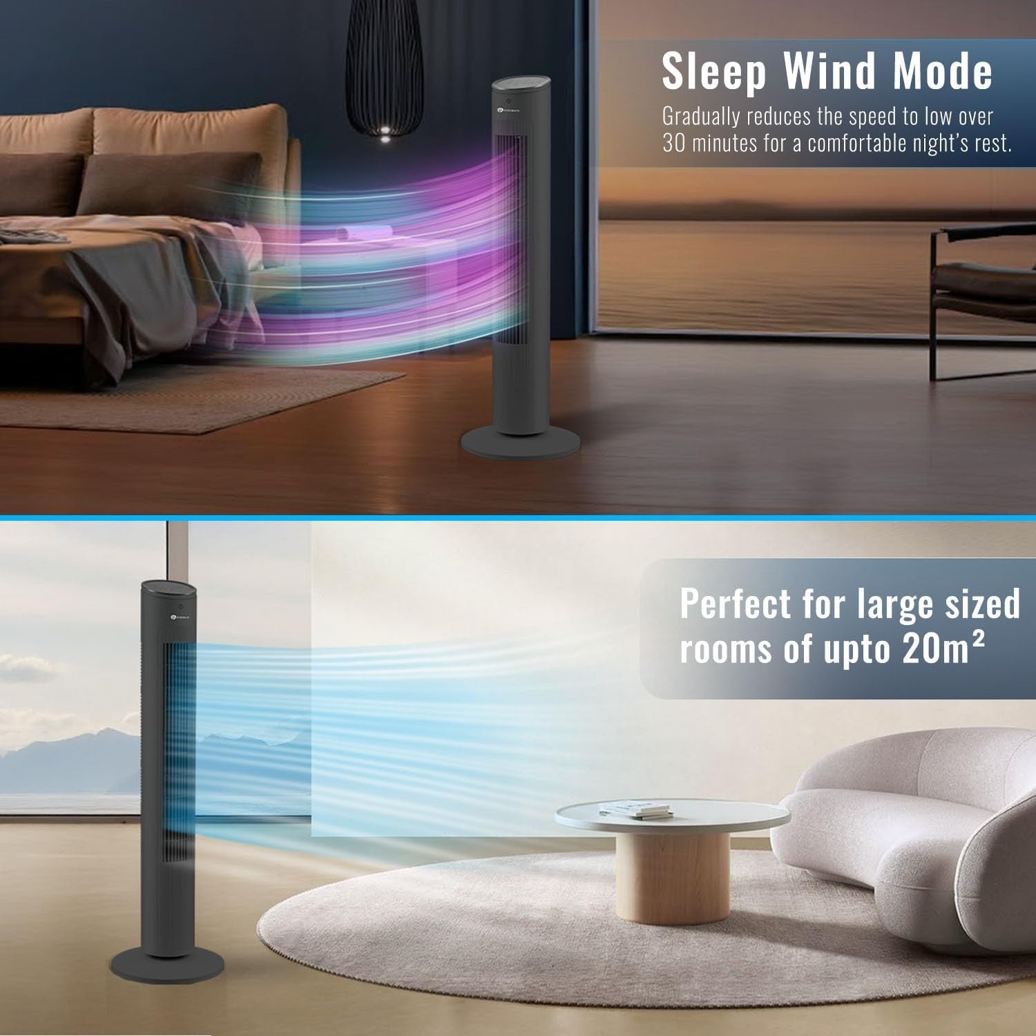 Cool Bladeless Tower Fan 43in – 3 Speed Remote Control Quiet Standing Fan Black