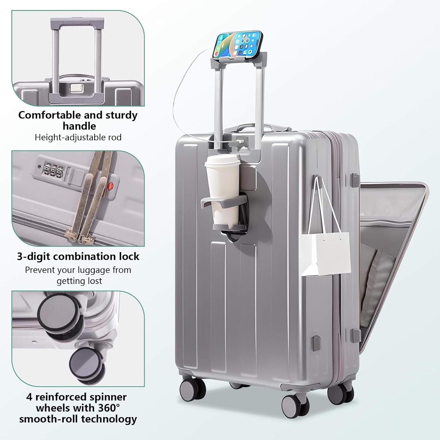 Silver 20” Cabin Suitcase Hard Shell USB Charge Spinner Wheels
