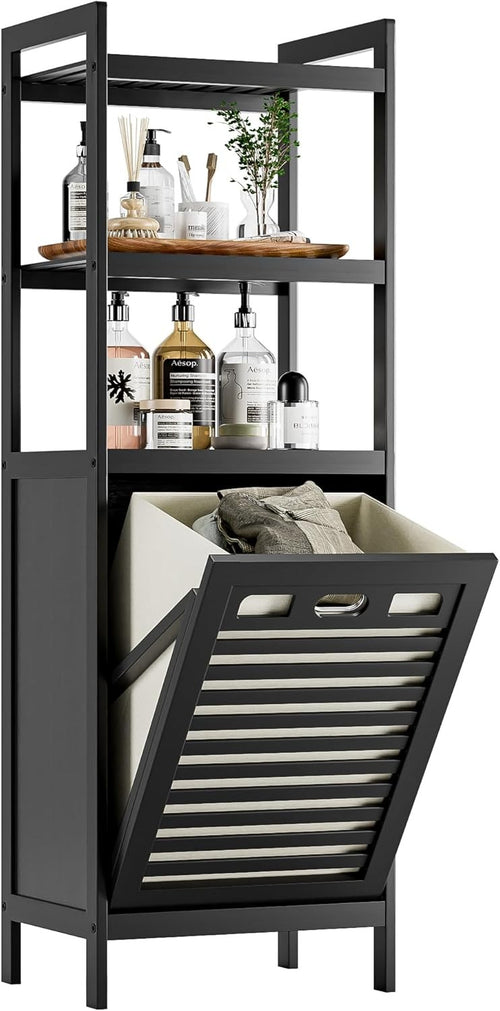 Tilt Out Laundry Hamper Cabinet with Bamboo Shelves 32L Basket Black