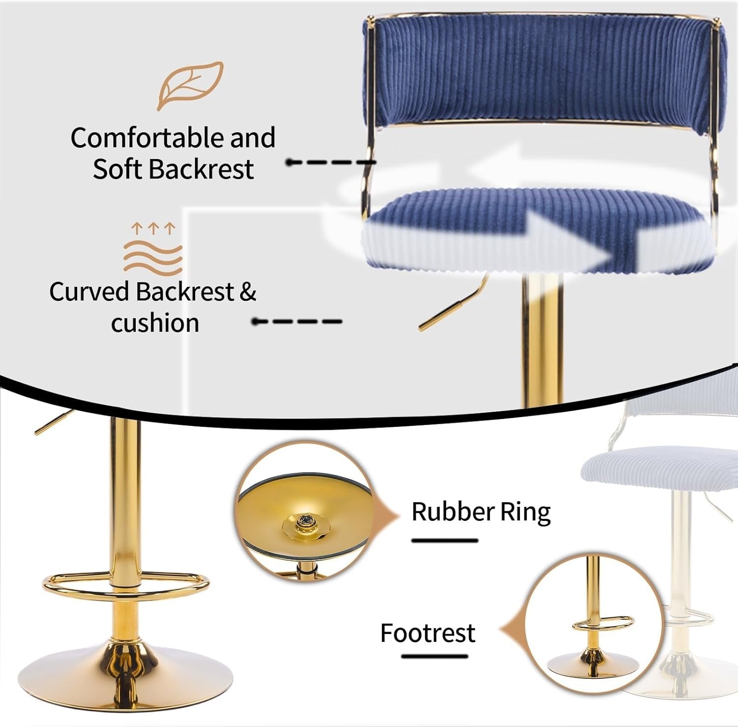 Blue Corduroy Adjustable Swivel Bar Stools Set of 2 with Back