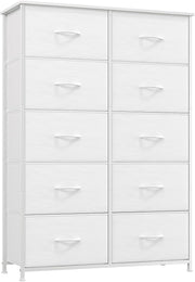 White Tall 10 Drawer Fabric Dresser Storage Unit Wardrobe Bedroom Cabinet